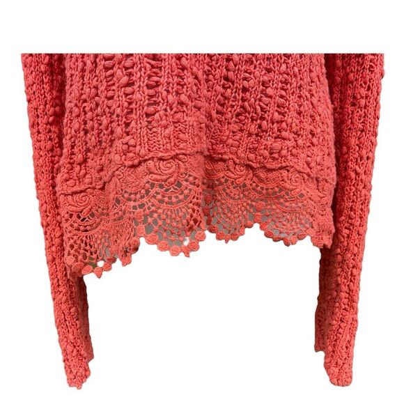 Anthropologie Knitted & Knotted Coral Open Knit Lace Hem Sweater Size Large - Picture 11 of 12